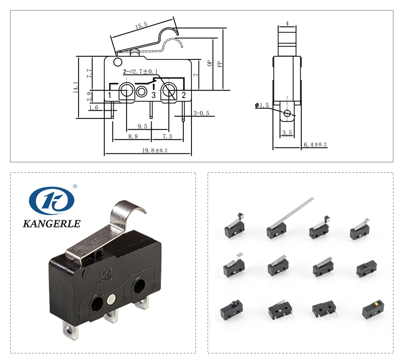 常开常闭3脚弯柄微动开关KW12-3A-5A插图