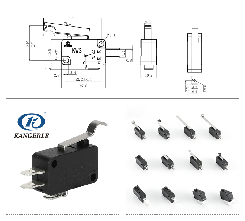 16A 250V AC弯柄微动开关三脚KW3-6A-4C插图