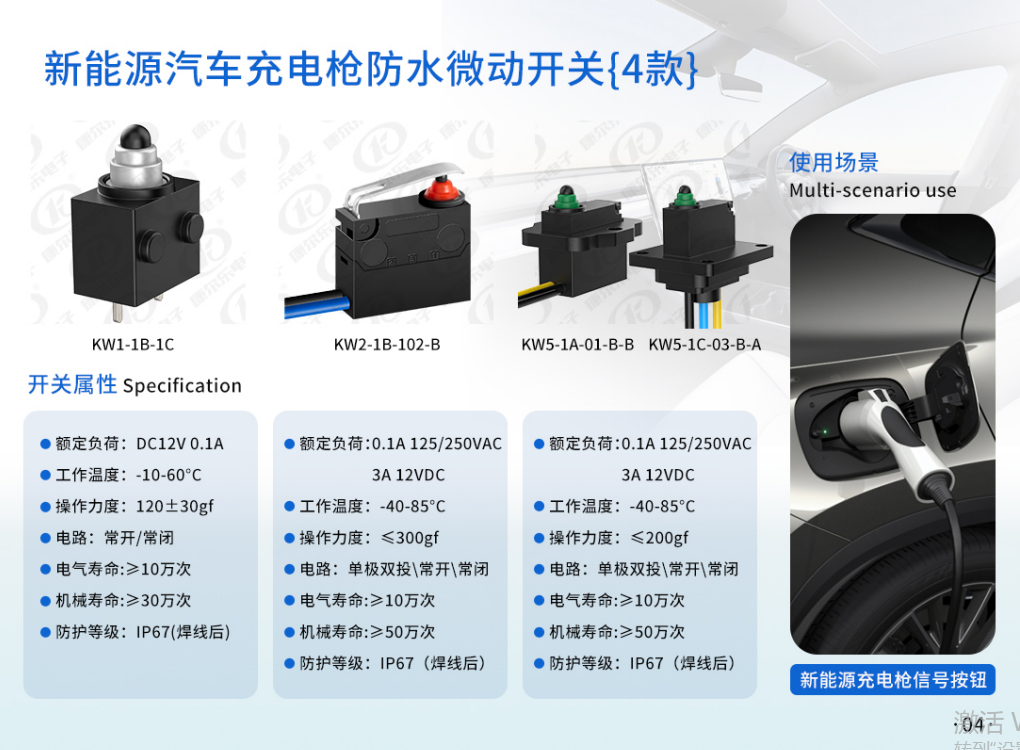 康尔乐电子防水微动开关在新能源汽车充电枪中的应用插图